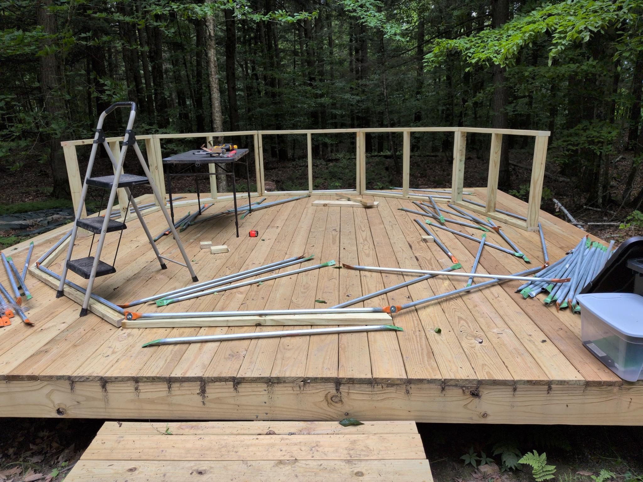 Struts staged on the platform with framing around the edge